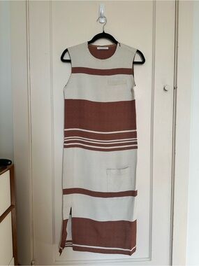 J.W. Anderson Cream and Rust Brown Striped Crepe Midi Column Dress